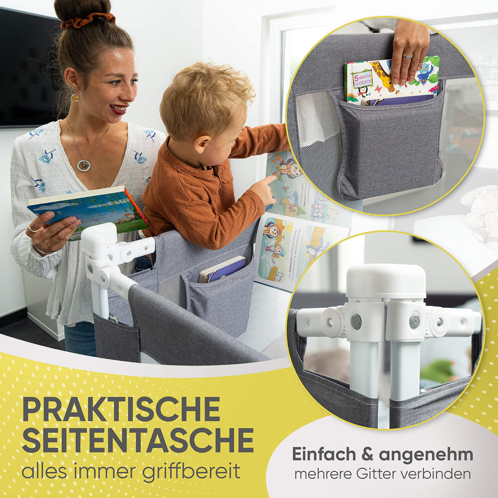 RAWVEL® Bettgitter grau [2m] - Labor geprüft - Rausfallschutz Bett [Eine Seite] - Bettschutzgitter für Kinder & Elternbetten - Inkl. Deutscher Aufbauanleitung & Aufbauvideo