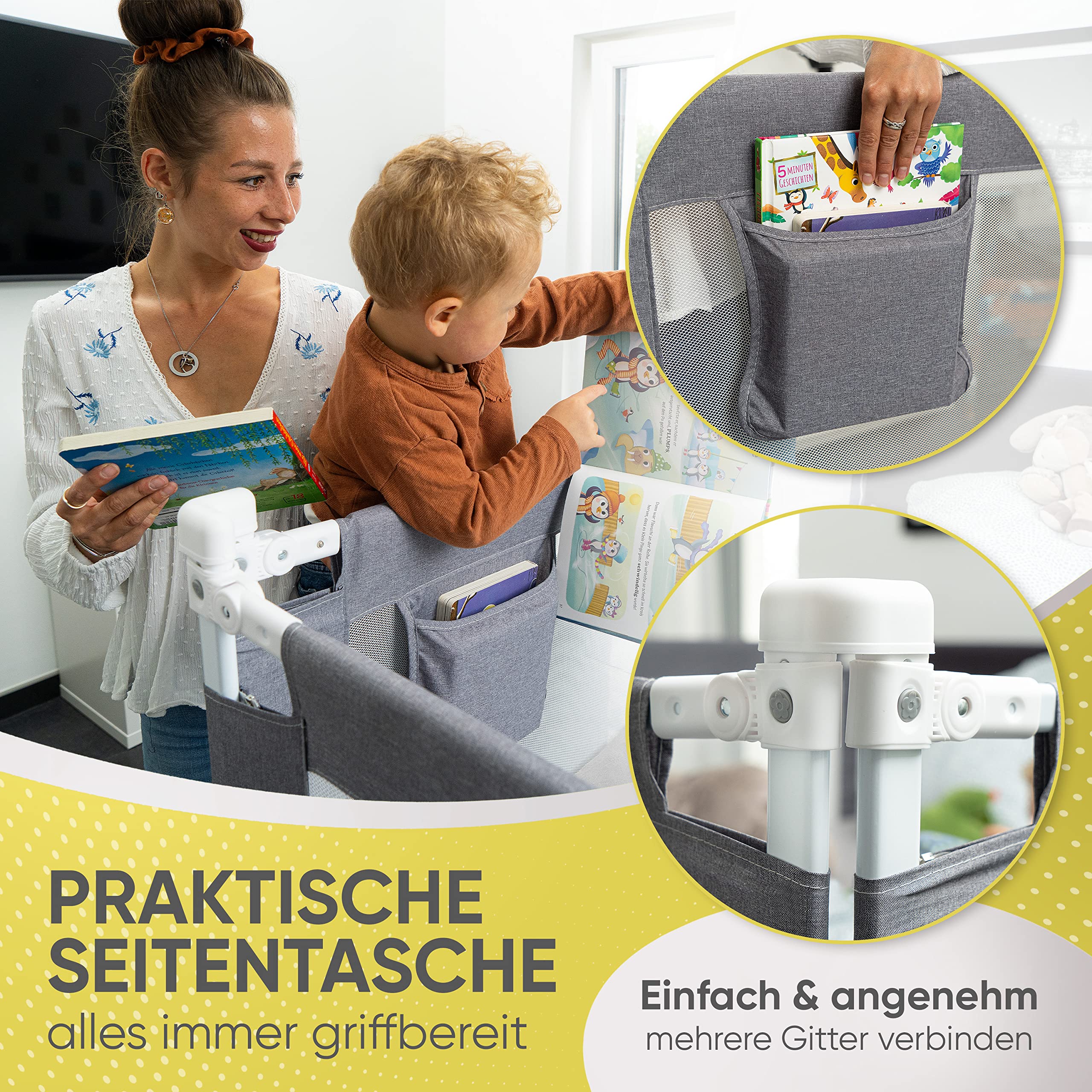 RAWVEL® Bettgitter grau [2m] - Labor geprüft - Rausfallschutz Bett [Eine Seite] - Bettschutzgitter für Kinder & Elternbetten - Inkl. Deutscher Aufbauanleitung & Aufbauvideo