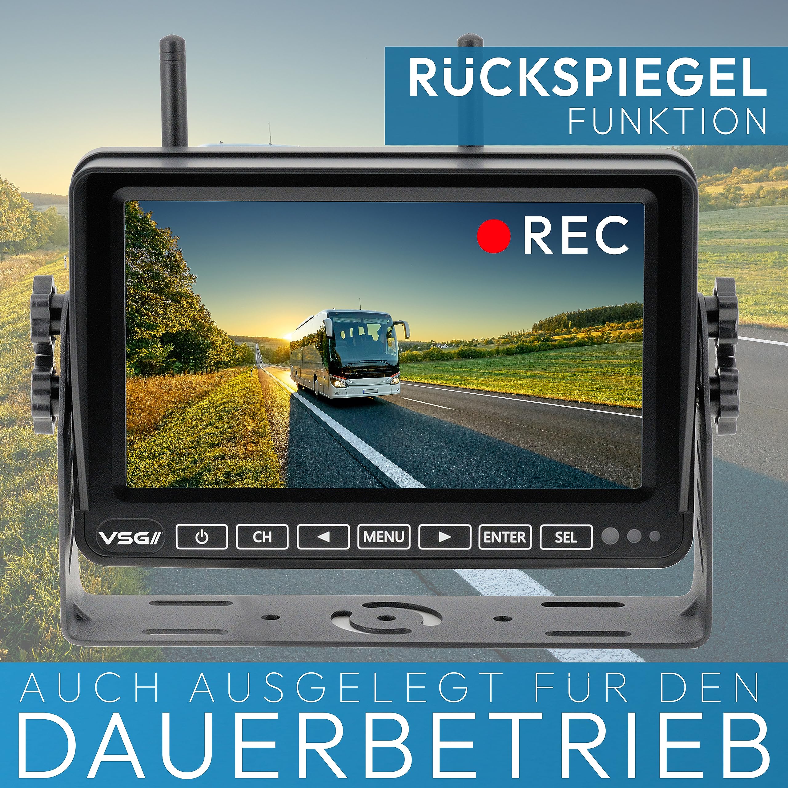 VSG24 7“ Element HD 2 Kameras Funk Rückfahrsystem Akku Magnet für Wohnmobil & LKW, KFZ Set kabellos inkl. Rückfahrkamera + Monitor, DIY Nachrüstung 12V-24V, Kamera digital, Auto Rückspiegel