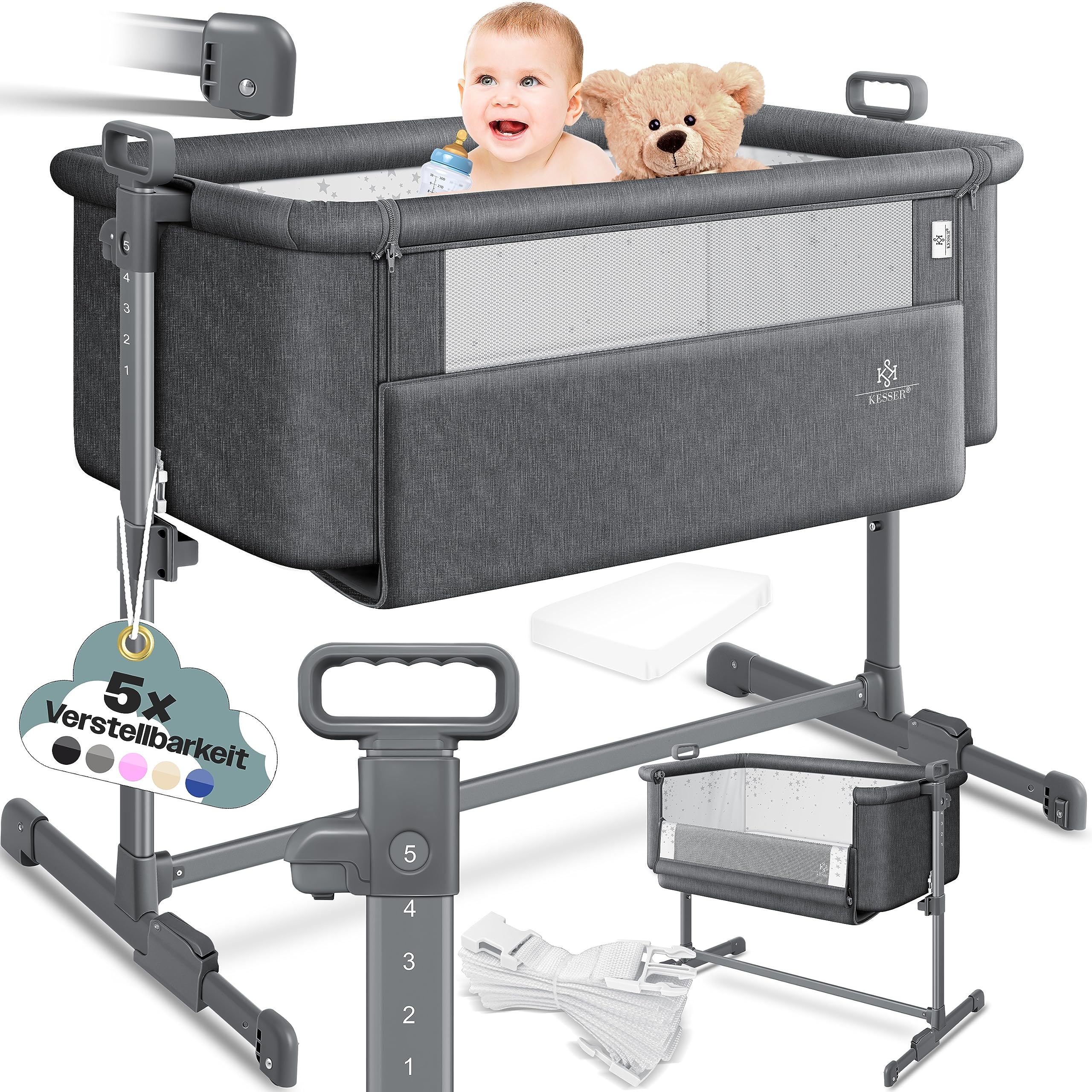 KESSER® Zustellbett Hubi 3in1 Baby Beistellbett Reisebett Babybett mit weich Matratze mit Rollen Kinderbett 5Fach Höhenverstellung Faltbare Seitenwand für Zuhause und Unterwegs + Spanngurt Dunkelgrau