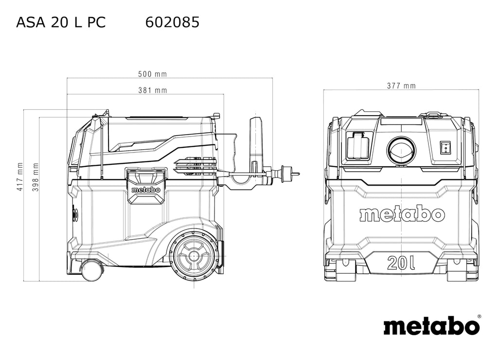 metabo Allessauger ASA 20 L PC -1200 W, 20 l Behälter, Staubklasse L - Nass-/Trockensauger mit integrierte Filterabreinigung, Gerätesteckdose, Antistatik, Mobil - 5,5 m Kabellänge