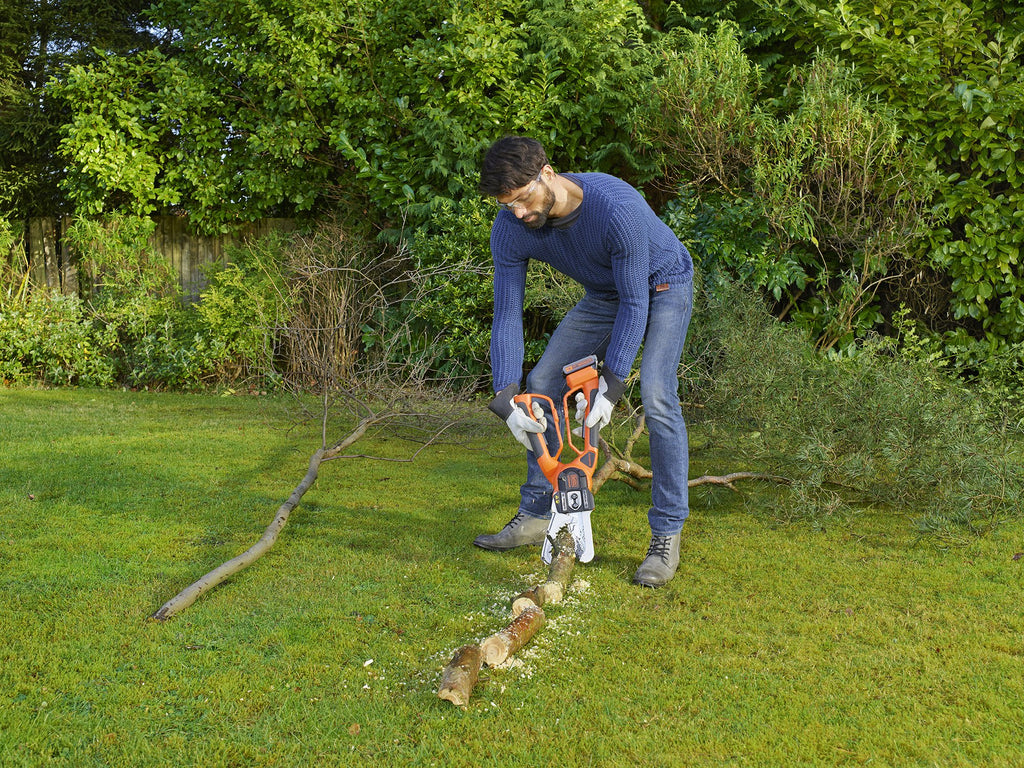 Black+Decker 18V Akku-Astschere Alligator (18V, 2.0Ah, 15cm Schwertlänge, bis 100mm Durchmesser, patentierte Klemmbacken, kabellos für maximale Freiheit beim Holzschnitt, inkl. Akku + Ladegerät)