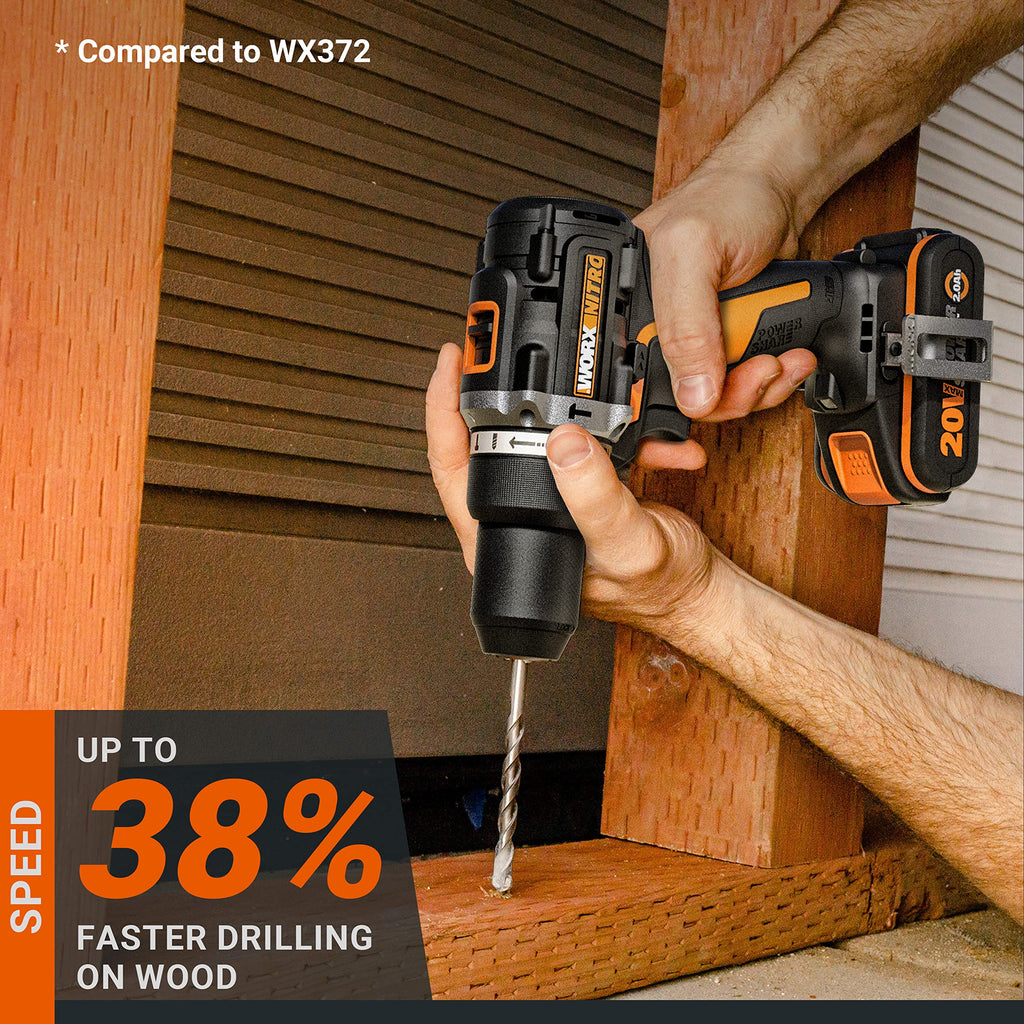 WORX NITRO WX352.4 Akku-Schlagbohrmaschine 20V, bürstenloser Motor, 60Nm, variable Drehzahlregelung, LED-Licht (inkl. 75 Stück Bits-Set, 2 Stk. 2,0Ah-PowerShare Akkus im Lieferumfang)
