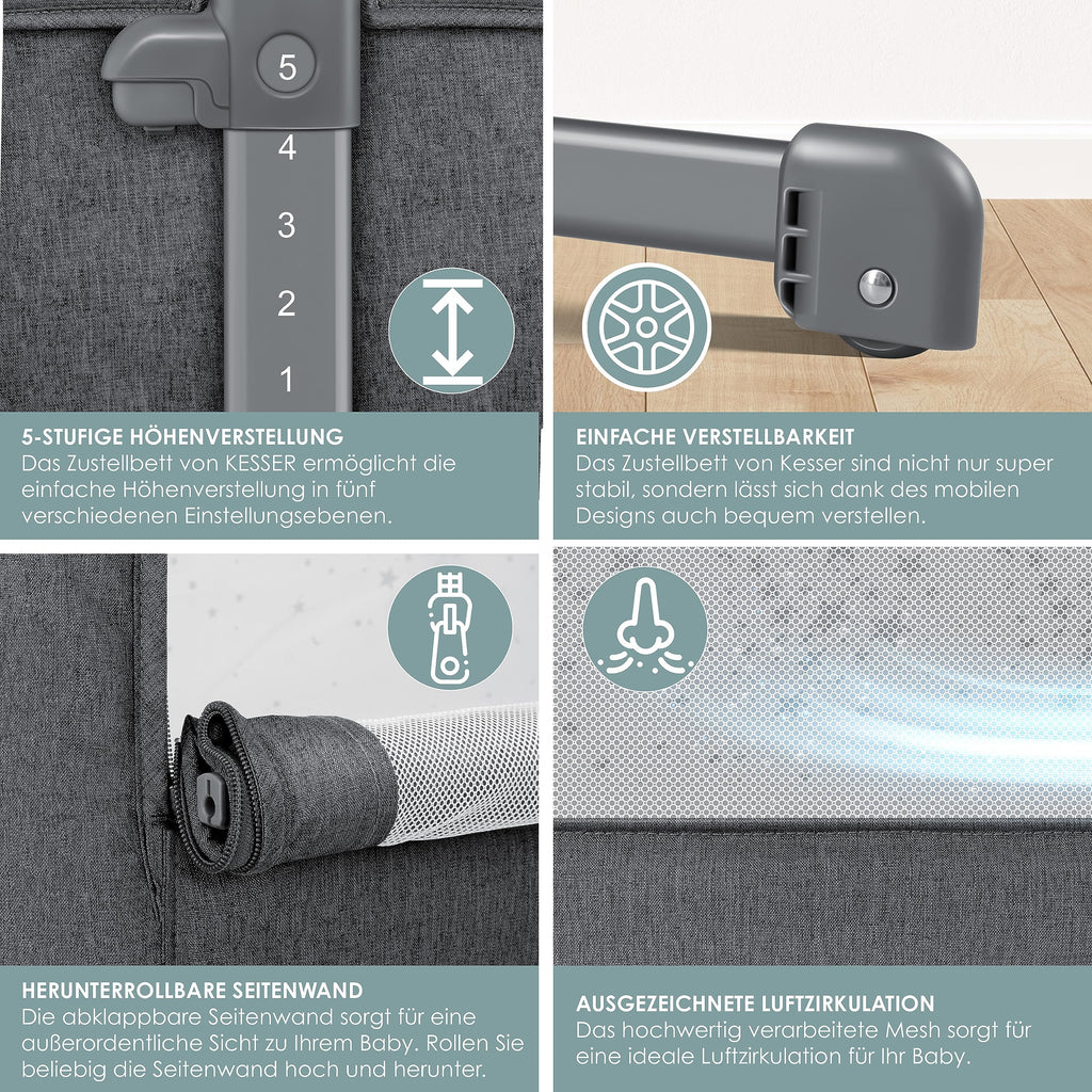KESSER® Zustellbett Hubi 3in1 Baby Beistellbett Reisebett Babybett mit weich Matratze mit Rollen Kinderbett 5Fach Höhenverstellung Faltbare Seitenwand für Zuhause und Unterwegs + Spanngurt Dunkelgrau