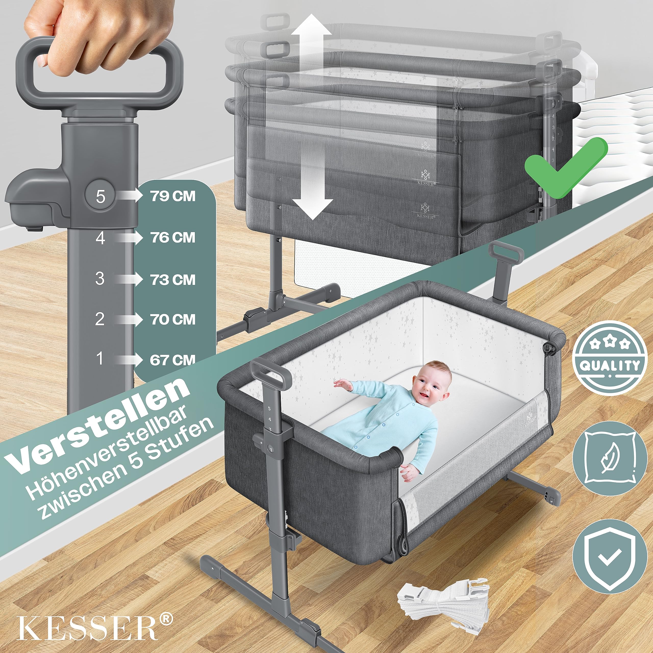 KESSER® Zustellbett Hubi 3in1 Baby Beistellbett Reisebett Babybett mit weich Matratze mit Rollen Kinderbett 5Fach Höhenverstellung Faltbare Seitenwand für Zuhause und Unterwegs + Spanngurt Dunkelgrau