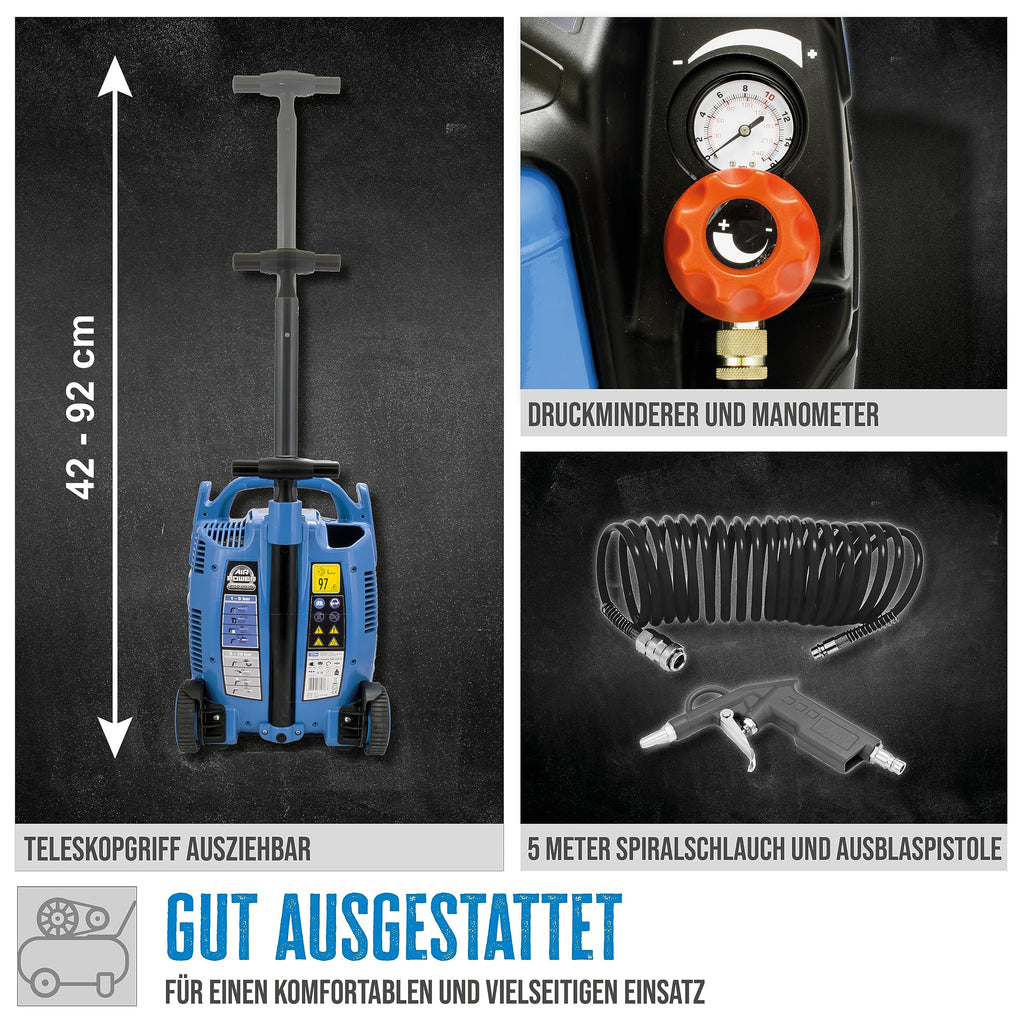 Güde Druckluft Kompressor Airpower 200/10/5 TY (10 bar, 1100 Watt, 5 l Kessel, 200 l/min Ansaugleistung, Manometer, Druckminderer, ölfrei, Trolley, inkl. Zubehör), 38 x 32 cm