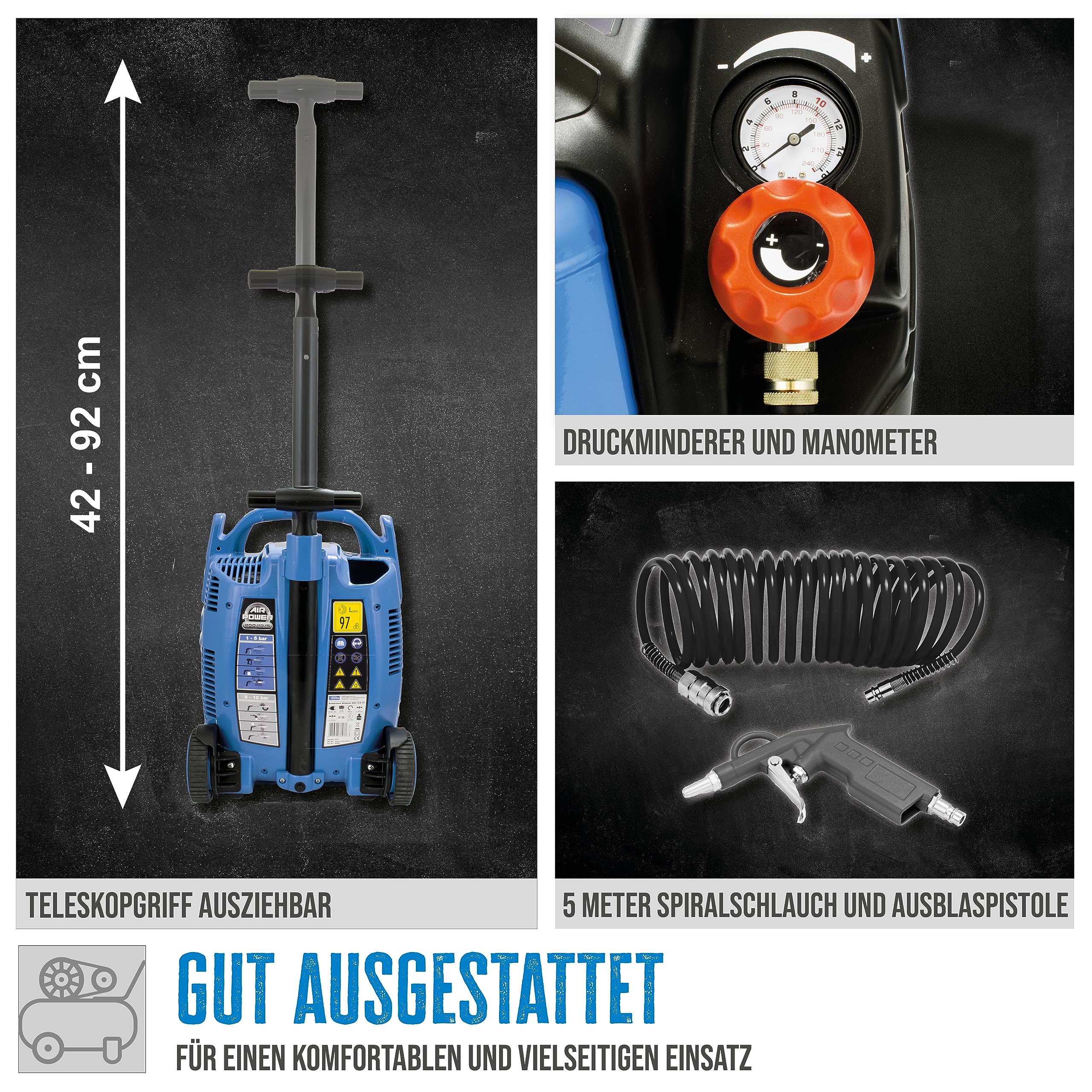 Güde Druckluft Kompressor Airpower 200/10/5 TY (10 bar, 1100 Watt, 5 l Kessel, 200 l/min Ansaugleistung, Manometer, Druckminderer, ölfrei, Trolley, inkl. Zubehör), 38 x 32 cm