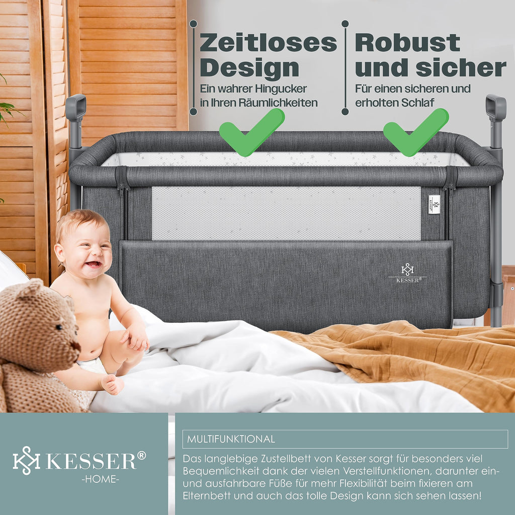 KESSER® Zustellbett Hubi 3in1 Baby Beistellbett Reisebett Babybett mit weich Matratze mit Rollen Kinderbett 5Fach Höhenverstellung Faltbare Seitenwand für Zuhause und Unterwegs + Spanngurt Dunkelgrau