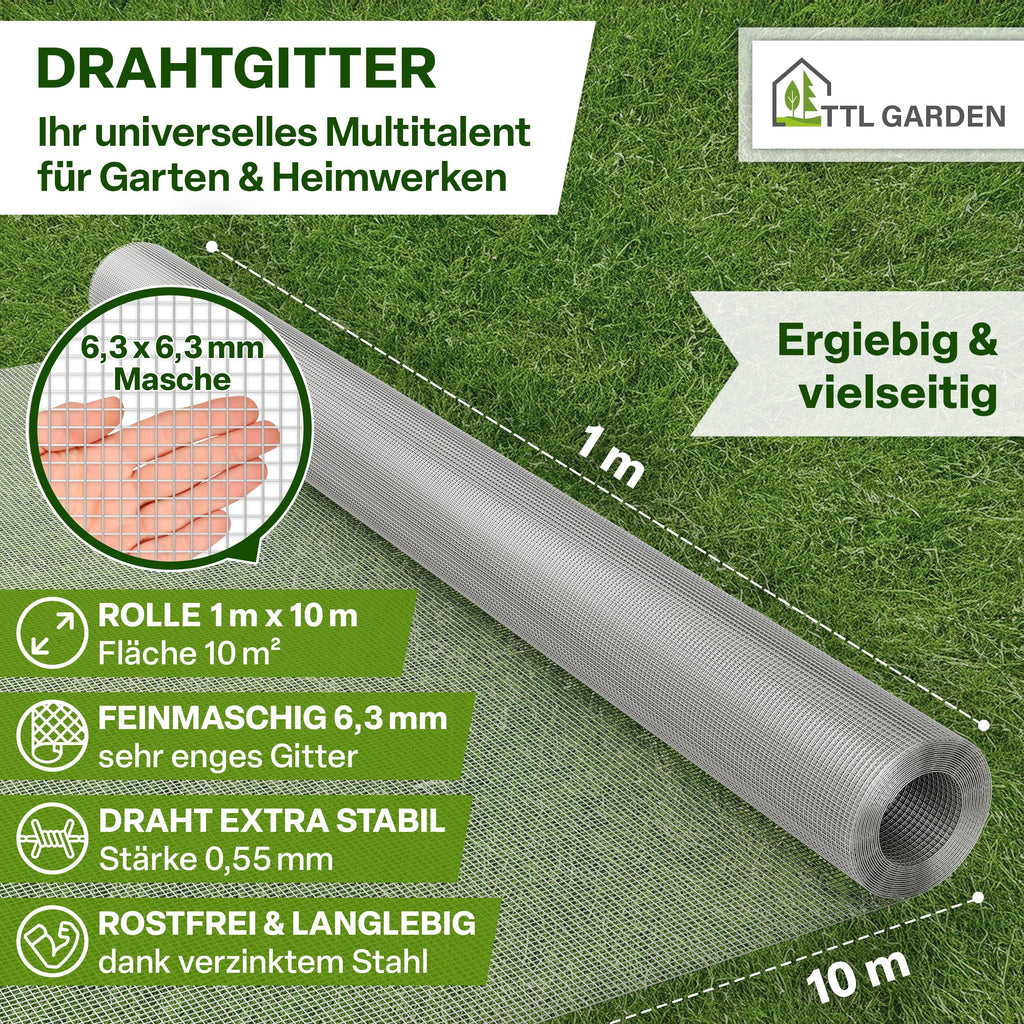 TTL GARDEN 1m x 10m Drahtgitter feinmaschig rostfrei verzinkt 6,3mm Masche 0,55 mm Draht Stärke - auf Rolle Maschendraht Volierendraht Hasendraht Wühlmausgitter 10m x 1m breit 6,3 mm Maschenweite